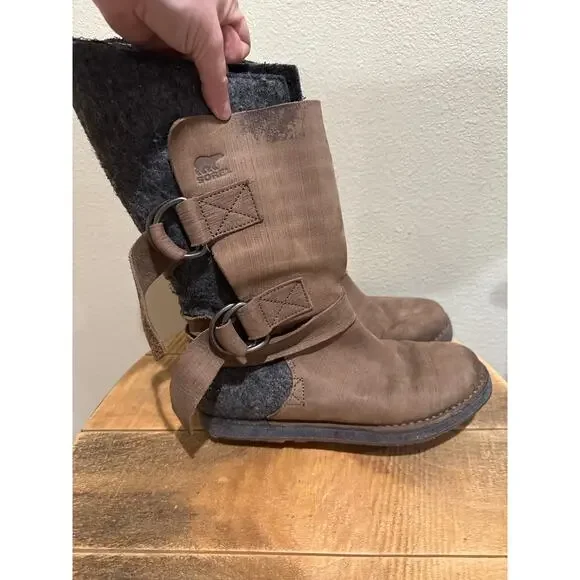 Sorel Chipahko Felt Wool Leather Buckle Tall Boots Brown & Grey Women's 10 - Picture 1 of 7